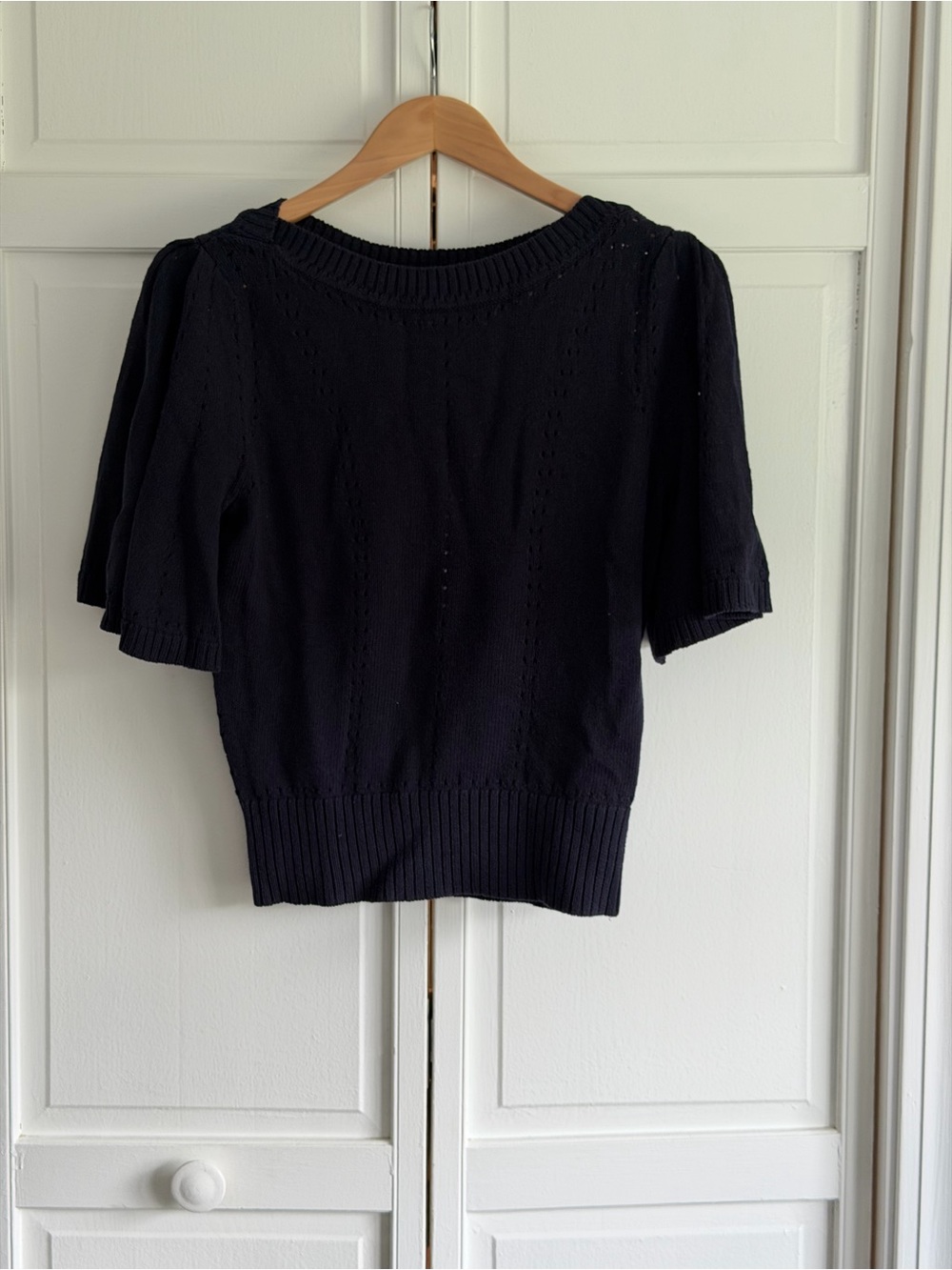 Veronica Beard Rhennan Pointelle Knit Top in navy blue
